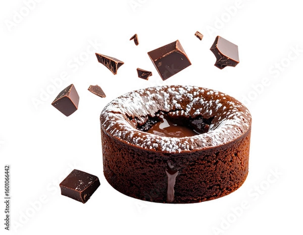 Fototapeta Molten chocolate lava cake suspended in the air, oozing center, powdered sugar dusted on top, PNG