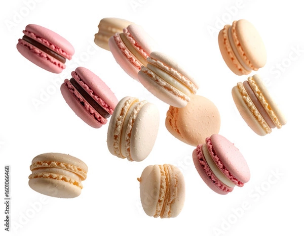Fototapeta Assorted macarons in pastel colors floating mid-air, scattered crumbs and filling visible, PNG