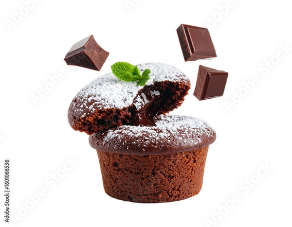 Fototapeta Molten chocolate lava cake suspended in the air, oozing center, powdered sugar dusted on top, PNG
