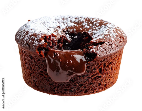 Fototapeta Molten chocolate lava cake suspended in the air, oozing center, powdered sugar dusted on top, PNG