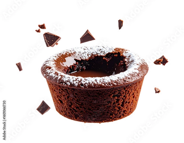 Fototapeta Molten chocolate lava cake suspended in the air, oozing center, powdered sugar dusted on top, PNG