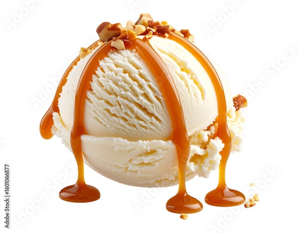 Fototapeta Scoop of vanilla ice cream with caramel drizzle and nuts, PNG