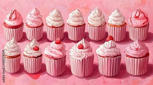 Fototapeta Pink cupcakes arranged on a pink surface.