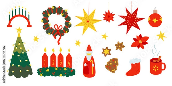 Fototapeta Illustration of Advent, St. Nicholas, Mulled Wine and Candle Arch, Advent wreath, stars and Christmas tree. Traditional European Christmas and Advent celebration.