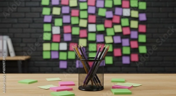 Obraz Sticky Note Brainstorm: Colorful Notes on Brick Wall with Pencils in Office - Creative Workspace for Planning, Ideas, and Reminders