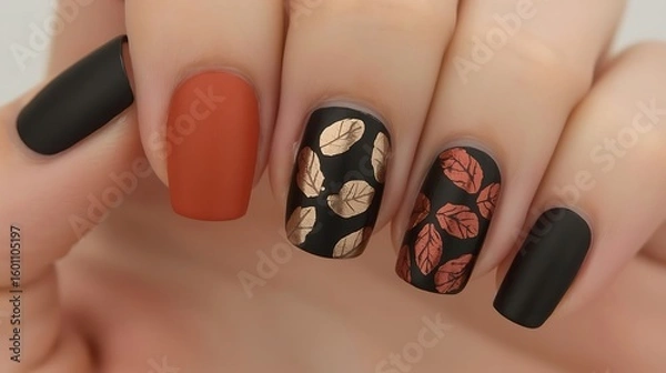 Fototapeta Fall nail art in matte rust orange and jet black. The center nail features an intricate fall leaf pattern in metallic copper.