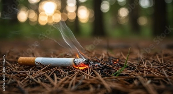 Fototapeta Discarded Cigarette Burning on Pine Needles in Forest - Environmental Pollution, Fire Hazard, Smoking Waste