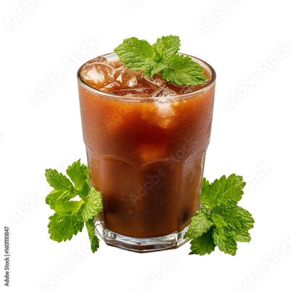 Fototapeta Refreshing iced tea with mint garnish isolated on transparent background