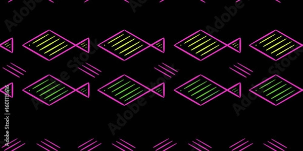 Fototapeta Creative seamless pattern with neon fish and stripes in vaporwave style on black – perfect for bold textile and background designs