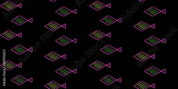 Fototapeta Seamless fish pattern with neon outlines and glowing stripes on dark background – fun, vibrant design for textiles or digital use