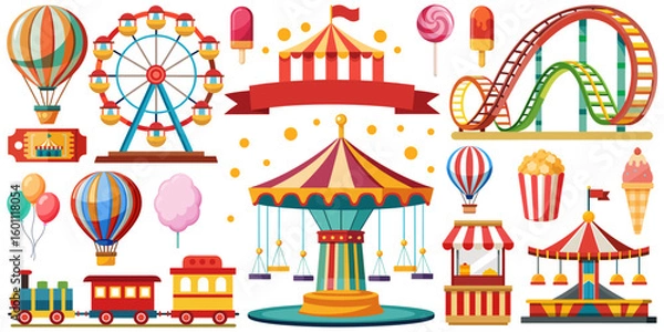 Obraz Amusement park flat vector set. Ferris wheel, roller coaster, carousel and train