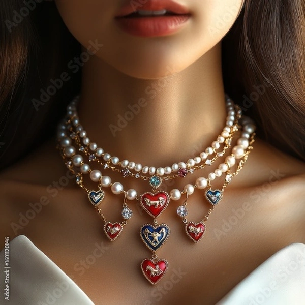 Fototapeta Elegant heart necklace designed for Valentines Day features delicate pearls and intricate charm details perfect for expressing love and affection during romantic celebrations