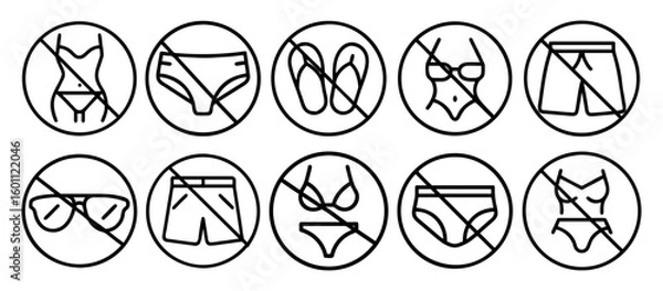 Obraz Beach ban signs icons set. Vector set of no nudity swimwear allowed icons