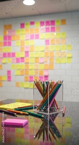 Obraz Colorful Pencils on Desk with Sticky Notes Wall, Brainstorming Session, Creativity, Planning, Office, Workplace, Business Ideas, Innovation
