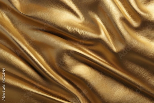 Fototapeta A gold fabric with a shiny texture. The fabric is folded and has a shiny appearance. Concept of luxury and elegance