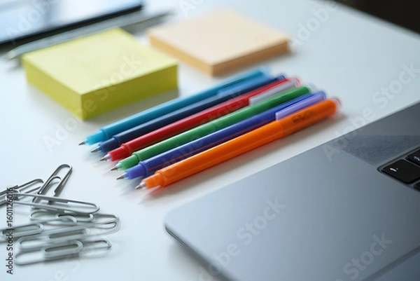 Fototapeta Colorful Pens, Paper Clips, and Sticky Notes on Desk Surface