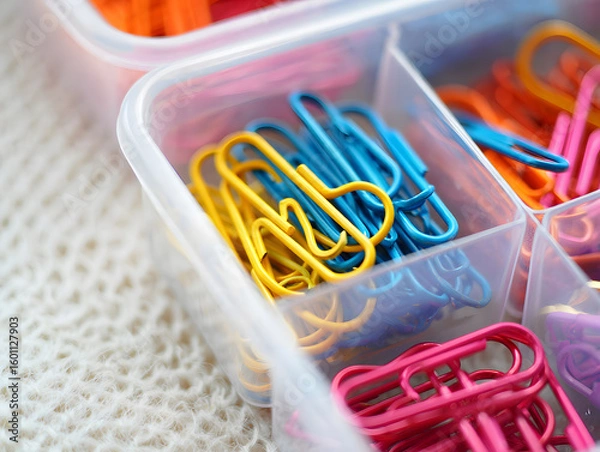 Fototapeta Colorful Paperclips in a Storage Container Close Up