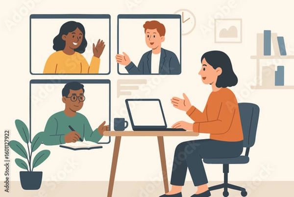 Fototapeta Remote Team Online Video Conference Meeting Illustration – Virtual Business Workshop, Diverse Colleagues Communication, Work from Home Collaboration, Cartoon Office Vector