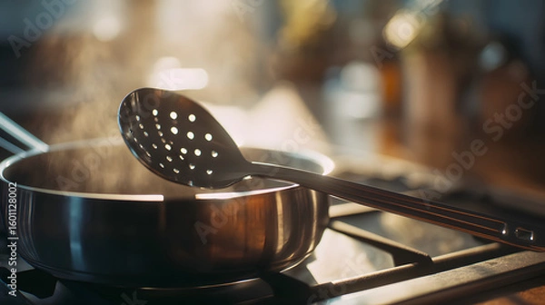 Fototapeta A stainless steel slotted spoon resting on a pan