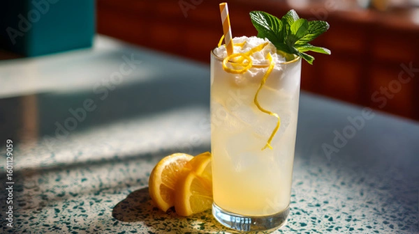 Fototapeta A tall clear glass filled with pale yellow whipped cream