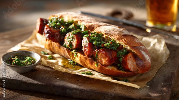 Fototapeta A toasted crusty baguette sliced open to reveal a sausage