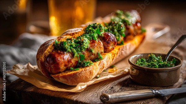 Fototapeta A toasted crusty baguette sliced open to reveal a sausage