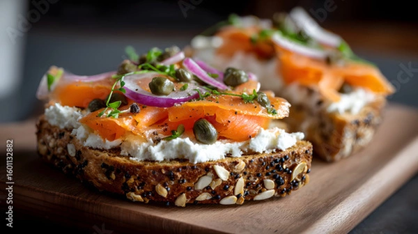 Fototapeta A toasted everything bagel with dairy-free cream