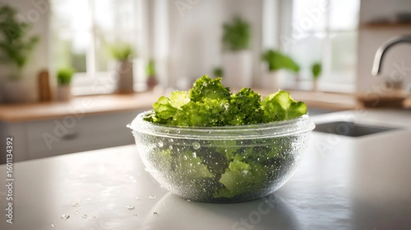 Fototapeta A transparent salad spinner full of fresh greens