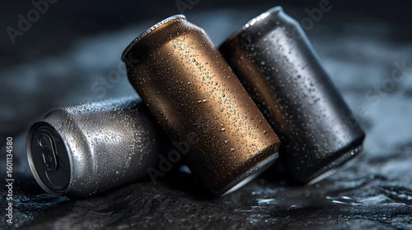 Fototapeta A trio of glossy aluminum drink cans in gradient colors