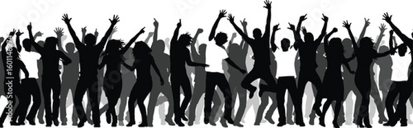 Fototapeta Silhouette of dancing crowd, raised hands celebration, party atmosphere, energetic movement, fun night, lively musicSilhouette of dancing crowd, raised hands 