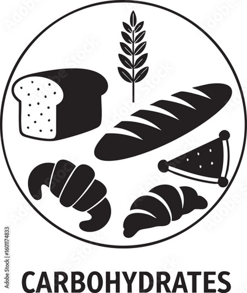 Obraz Circle icon featuring various baked goods like bread croissants and a slice of cake representing carbohydrates and healthy eating