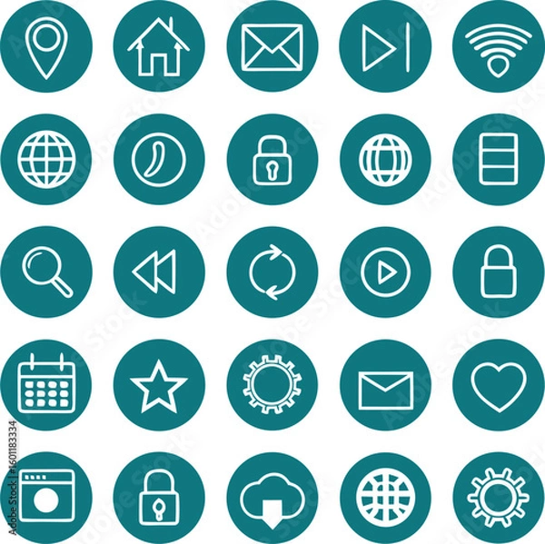 Fototapeta Collection of white line art icons on teal circles for web and app design technology