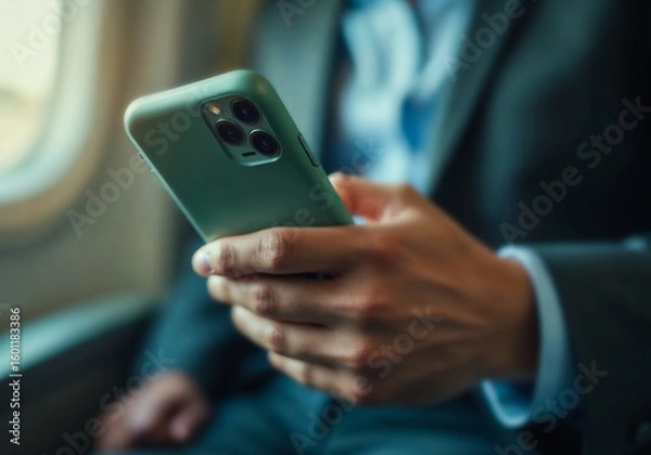 Fototapeta Close-up of man using smartphone while seated in  airplane. The blurred plane interior and in-flight setting  background. Modern business travel, staying connected on the go concept.