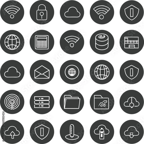 Fototapeta Collection of white line art technology and security icons on dark gray circles wifi