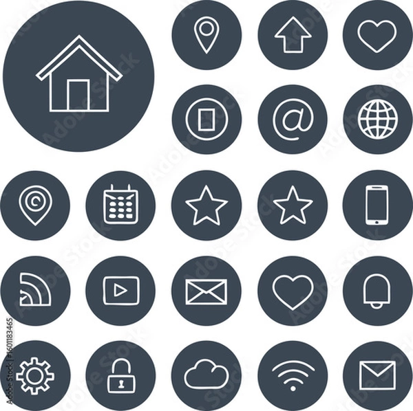 Fototapeta Collection of white outline icons on dark grey circles representing digital communication and services