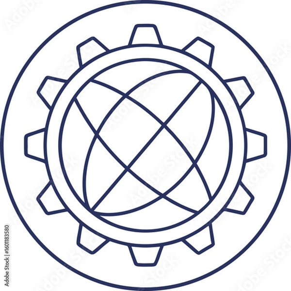 Fototapeta Dark blue outline of a globe with intersecting lines inside a gear and circle world