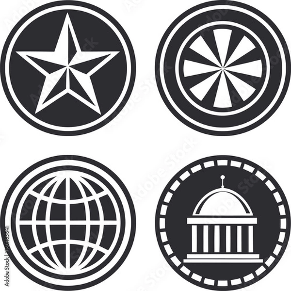 Fototapeta Four circular emblems featuring a star a wheel a globe and a building