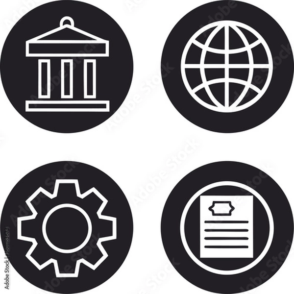 Fototapeta Four circular icons depicting a building a globe a gear and a document vector