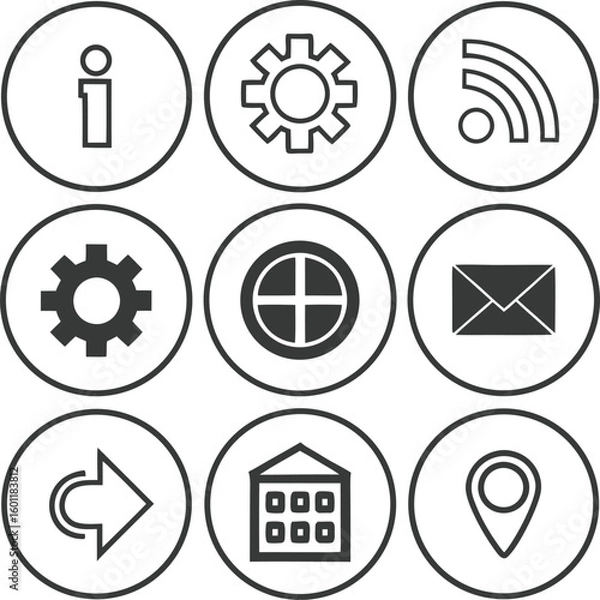 Fototapeta Nine black and white simple icons in circles including information gear R S mail map and calendar