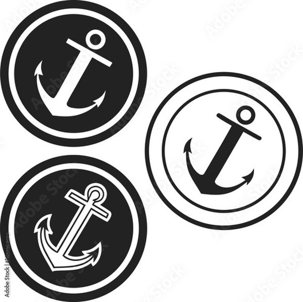 Fototapeta Three black and white anchor icons in circular frames on white background nautical