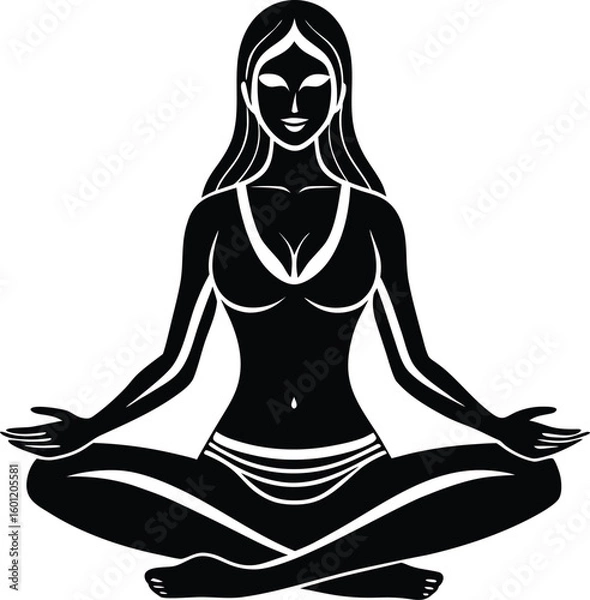 Fototapeta Silhouette of a woman meditating in a lotus pose with open palms