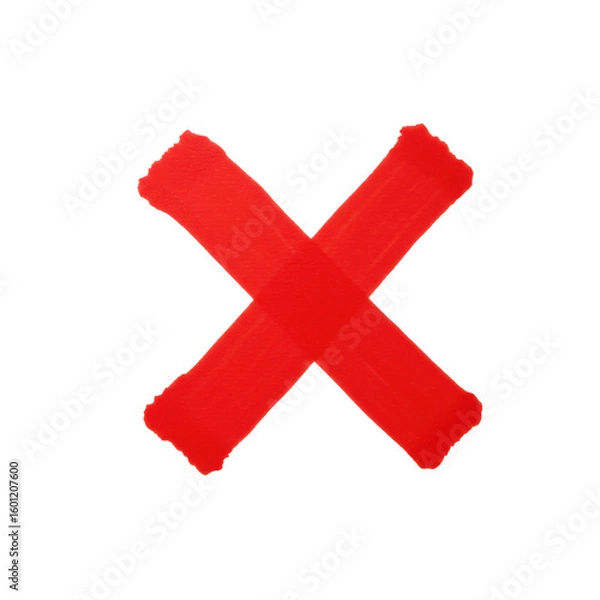 Fototapeta Bold red 'X' mark with thick marker stroke texture, centrally placed on a pristine plain white background. Flat lay, even studio lighting. Symbolizing cancellation, incorrect answer, or wrong choice.