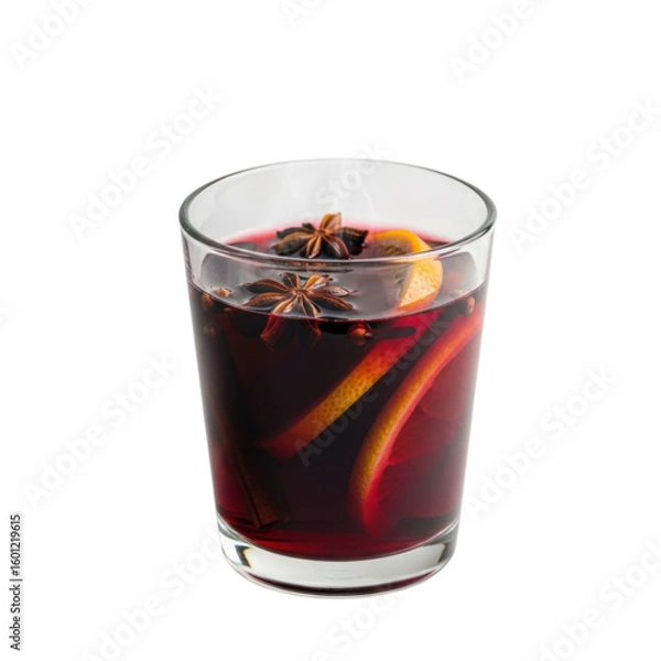 Fototapeta Warm mulled wine with spices and citrus slices in glass