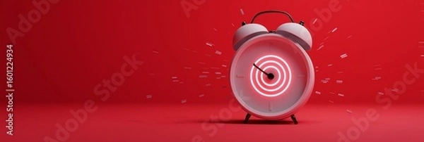 Fototapeta Urgent alarm clock banner for digital content and landing pages, red gradient 3:1 image with blinking icon and copy space on left, strong visual urgency for alert message