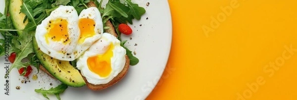 Fototapeta Healthy brunch banner with avocado toast and poached eggs for food blogs and nutrition websites, 3:1 header image in warm yellow tones, minimal layout with copy space on right