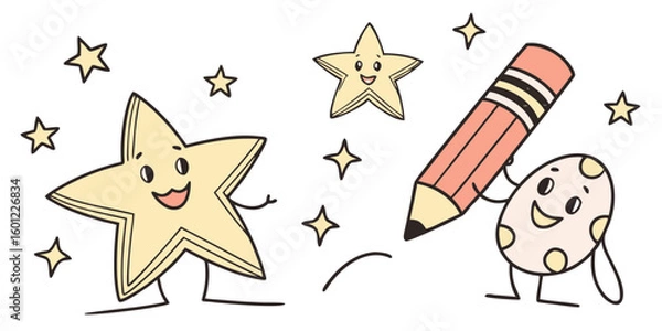 Obraz Cheerful Cartoon Stars and a Playful Egg Character Drawing with a Pencil

