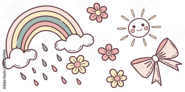 Obraz Adorable Set of Hand-Drawn Kawaii Elements Featuring a Rainbow and Floral Motifs

