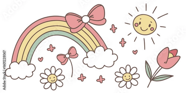 Obraz Sweet and Whimsical Rainbow with Bows, Smiling Sun, and Happy Flowers Illustration