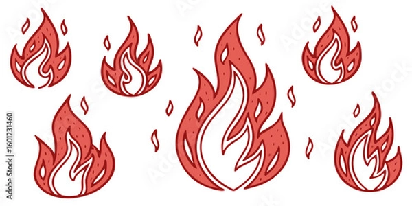 Obraz Collection of Stylized Fire Flames in Various Sizes with Outline Details

