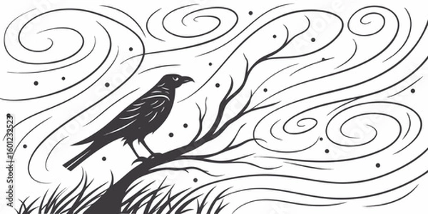 Obraz Artistic Black and White Nature Sketch Featuring a Lone Tree and Bird on a Branch

